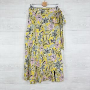 Marine Layer Anna Wrap Midi Skirt Size‎ XL Bamboo Floral Yellow Pockets Flowy